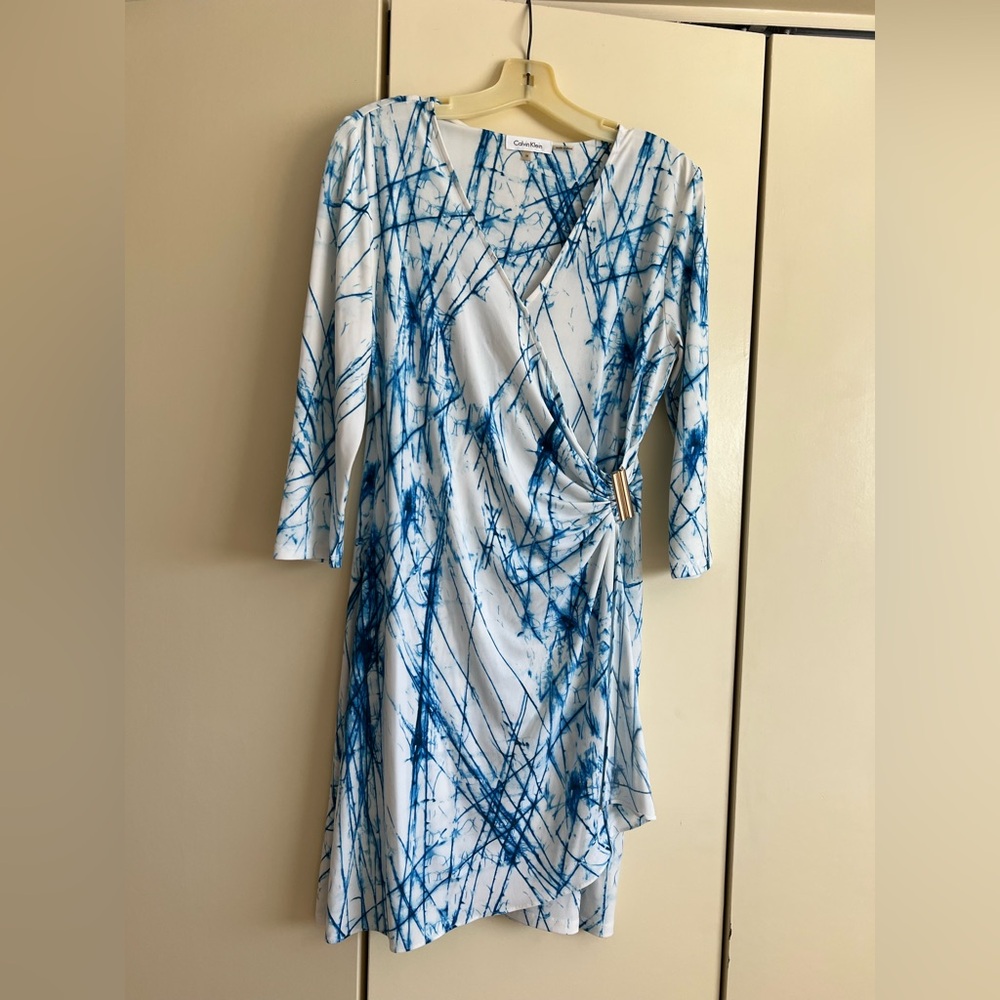 Calvin Klein Blue and White Faux Wrap Dress